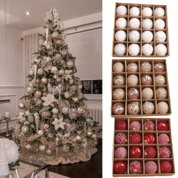 A box Gift 6CM Christmas Ball Champagne Gold Red Foam Ball Crafts Glitter Xmas Tree Hanging Pendant Home Party