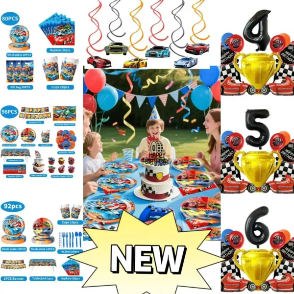 NEW Boys Wheels Car Birthday Decorations Set Tableware Cups Plates Gift Bags Race Car Balloons Cake Decor For Kids Party Favors